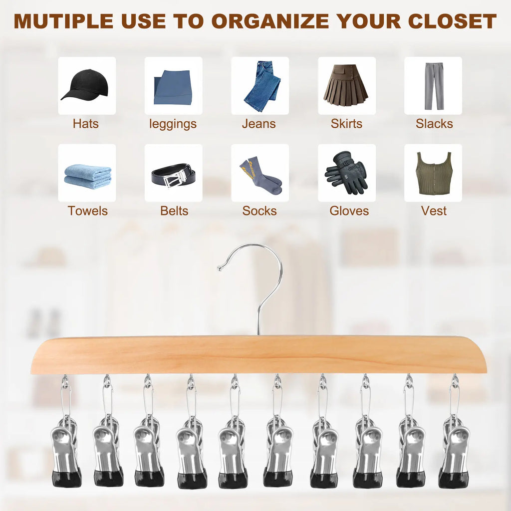 Legging Hanger for Closet Organizer with 10 Clips ,3 Pack Wooden Yoga Pants Hanger Holds 30 Leggings, Space Saving Hanging Closet Organizer w/Rubber Coated Closet Organizers and Storage,Clothes Hanger with Clips for Bra,Belt,Sock,Hat Hanging Organization