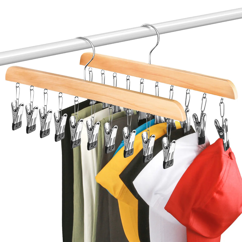 Legging Hanger for Closet Organizer with 10 Clips ,3 Pack Wooden Yoga Pants Hanger Holds 30 Leggings, Space Saving Hanging Closet Organizer w/Rubber Coated Closet Organizers and Storage,Clothes Hanger with Clips for Bra,Belt,Sock,Hat Hanging Organization