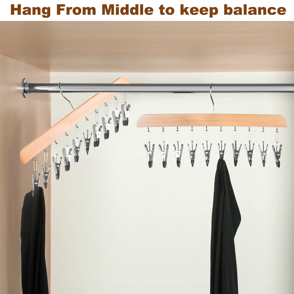 Legging Hanger for Closet Organizer with 10 Clips ,3 Pack Wooden Yoga Pants Hanger Holds 30 Leggings, Space Saving Hanging Closet Organizer w/Rubber Coated Closet Organizers and Storage,Clothes Hanger with Clips for Bra,Belt,Sock,Hat Hanging Organization