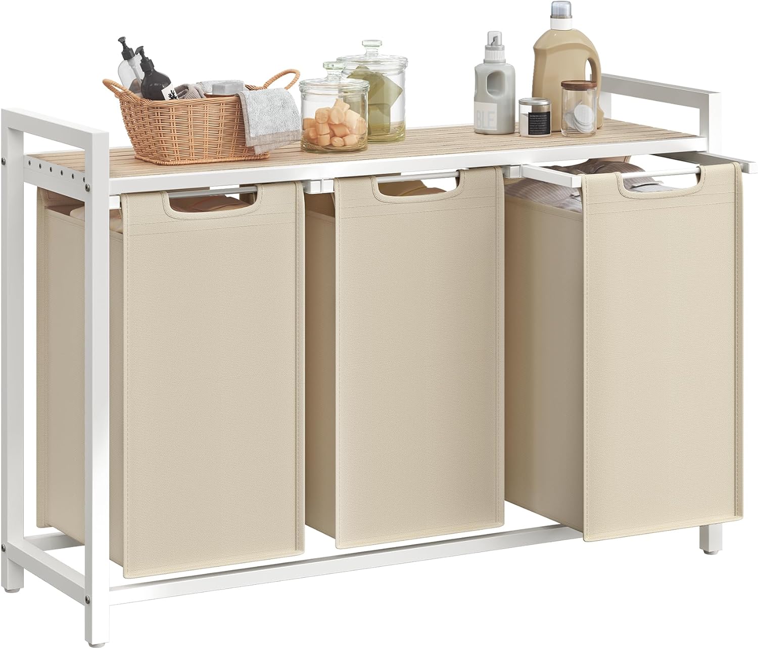 3-Bag Laundry Sorter with Shelf (120L Capacity), 3-Compartment Laundry Hamper with Removable & Washable Oxford Fabric Bags
