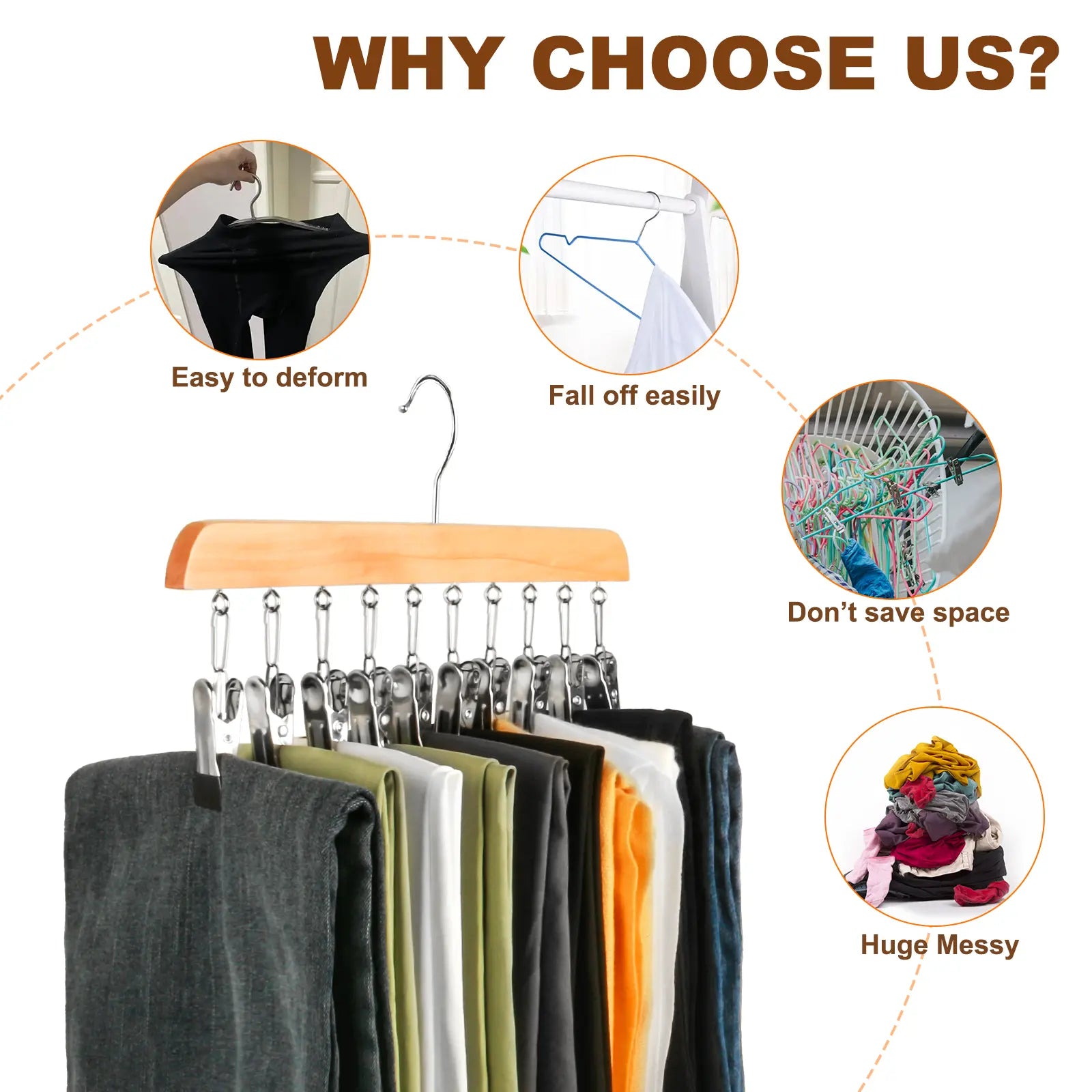 Legging Hanger for Closet Organizer with 10 Clips ,3 Pack Wooden Yoga Pants Hanger Holds 30 Leggings, Space Saving Hanging Closet Organizer w/Rubber Coated Closet Organizers and Storage,Clothes Hanger with Clips for Bra,Belt,Sock,Hat Hanging Organization