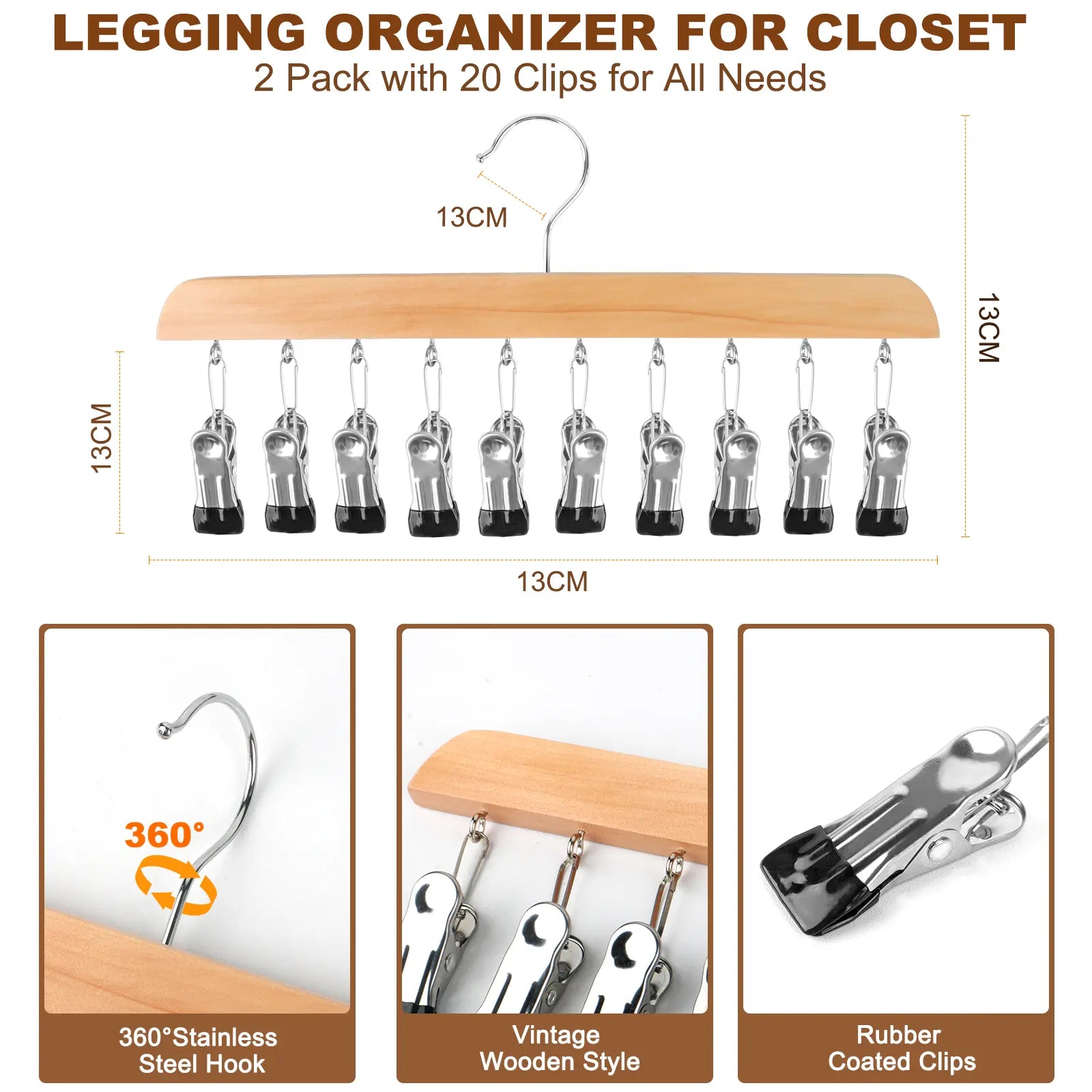 Legging Hanger for Closet Organizer with 10 Clips ,3 Pack Wooden Yoga Pants Hanger Holds 30 Leggings, Space Saving Hanging Closet Organizer w/Rubber Coated Closet Organizers and Storage,Clothes Hanger with Clips for Bra,Belt,Sock,Hat Hanging Organization